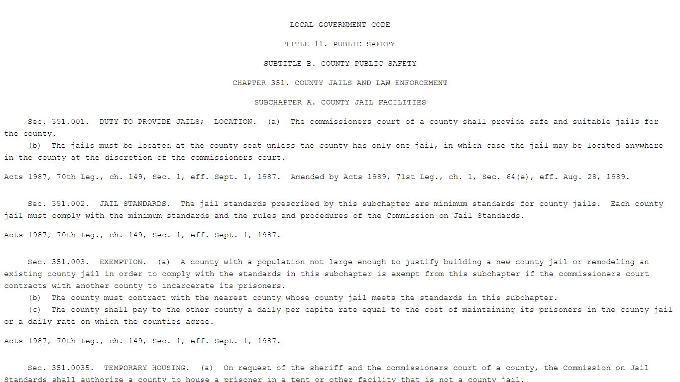 LOCAL GOVERNMENT CODE CHAPTER 351. COUNTY JAILS AND LAW ENFORCEMENT - Texas